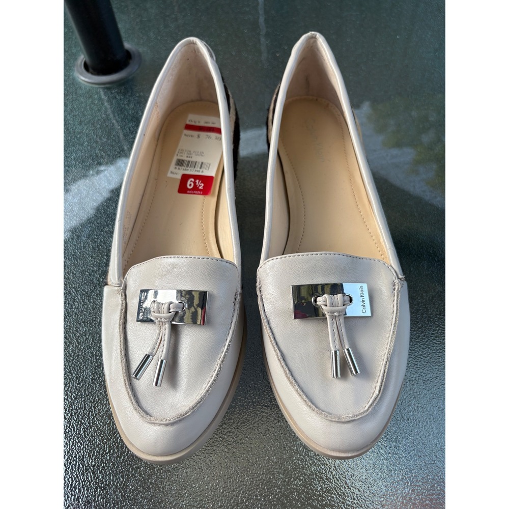 Calvin Klein Kaelinn Shiny Zebra Calf Hair Leather Tassel Loafers Cream 6.5M